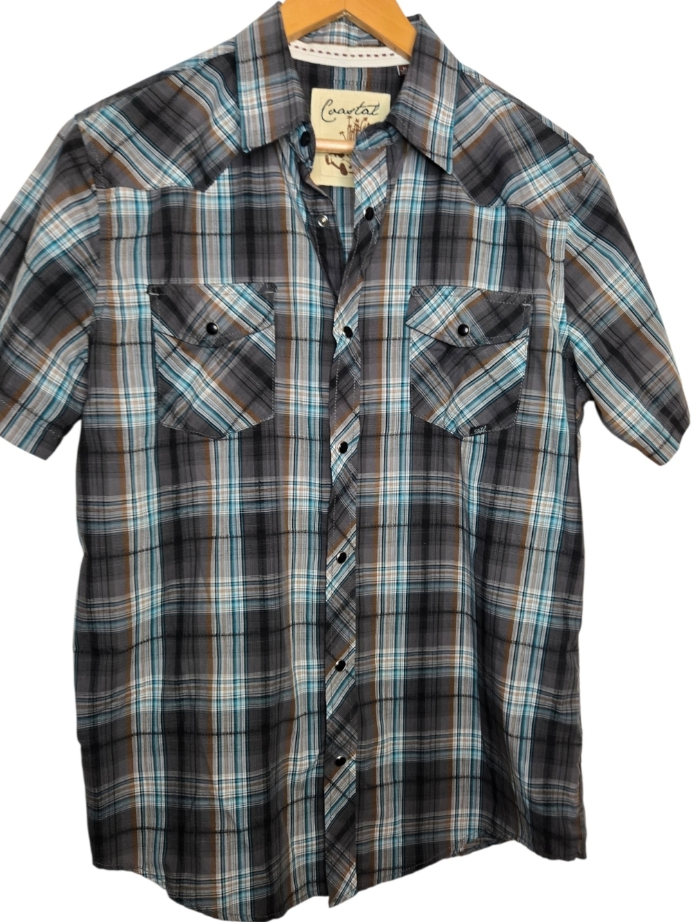 Y2K Coastal Plaid Snap Button Western Shirt Short Sleeve Size M